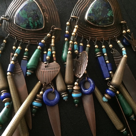 Huge Vintage Tabra Multi-gemstone Earrings 14k gold filled - Picture 7 of 9